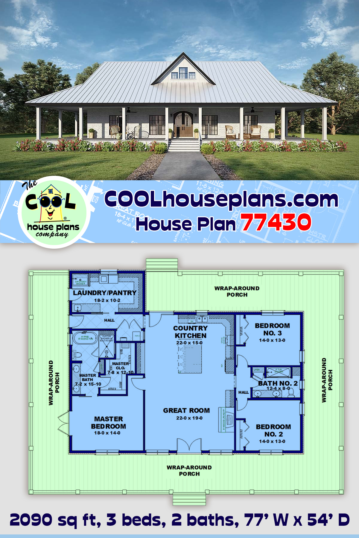 Colonial, Country, Farmhouse, Southern House Plan 77430 with 3 Beds, 2 Baths