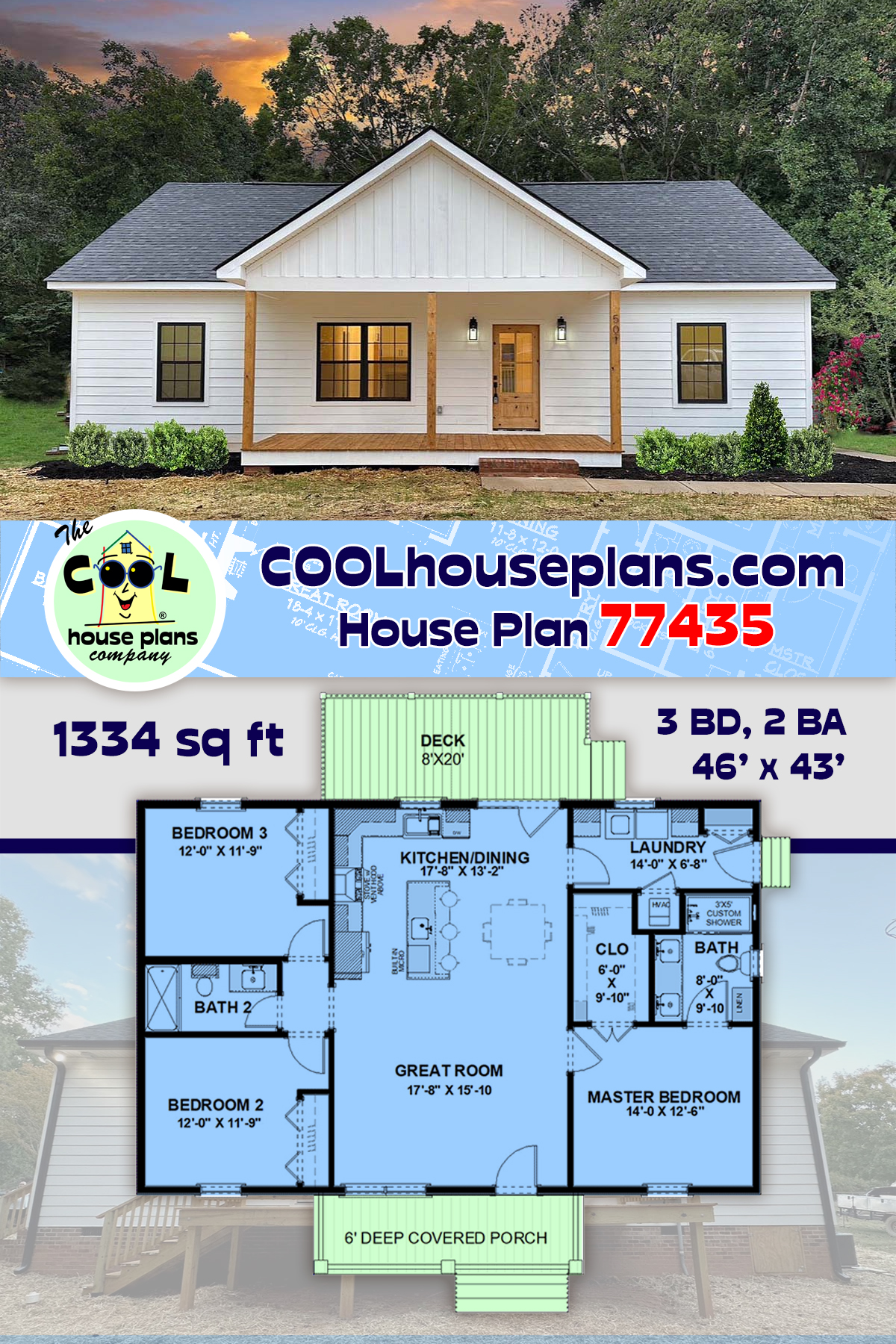 Cottage, Country, Ranch House Plan 77435 with 3 Beds, 2 Baths