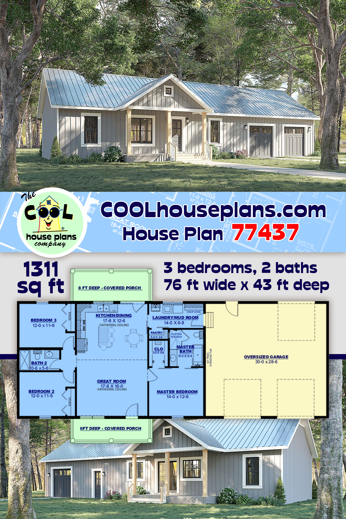 Cottage, Country, Ranch House Plan 77437 with 3 Beds, 2 Baths, 2 Car Garage