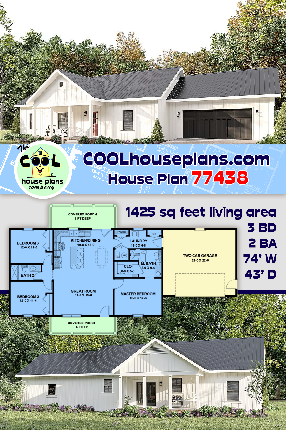 Cottage, Country, Ranch House Plan 77438 with 3 Beds, 2 Baths, 2 Car Garage