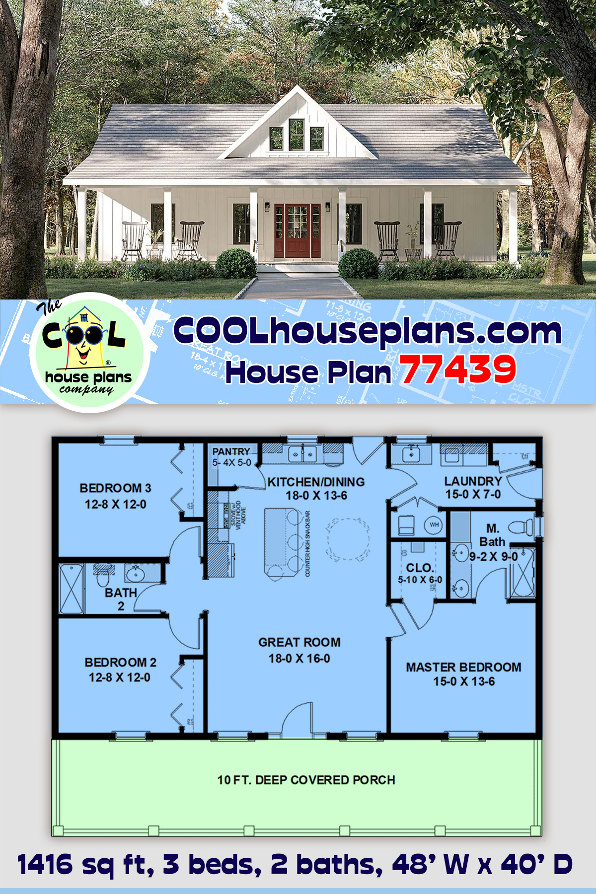 Country, Farmhouse, Ranch, Traditional House Plan 77439 with 3 Beds, 2 Baths