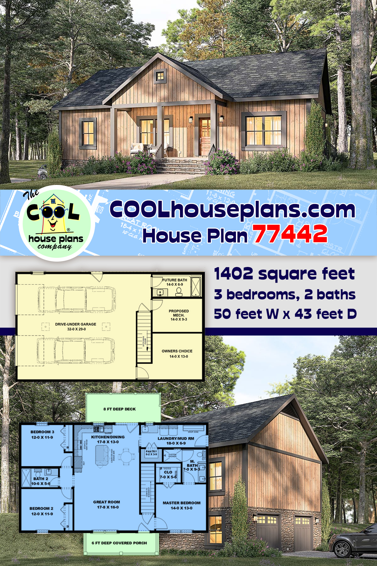 Cottage, Country, Ranch House Plan 77442 with 3 Beds, 2 Baths, 2 Car Garage