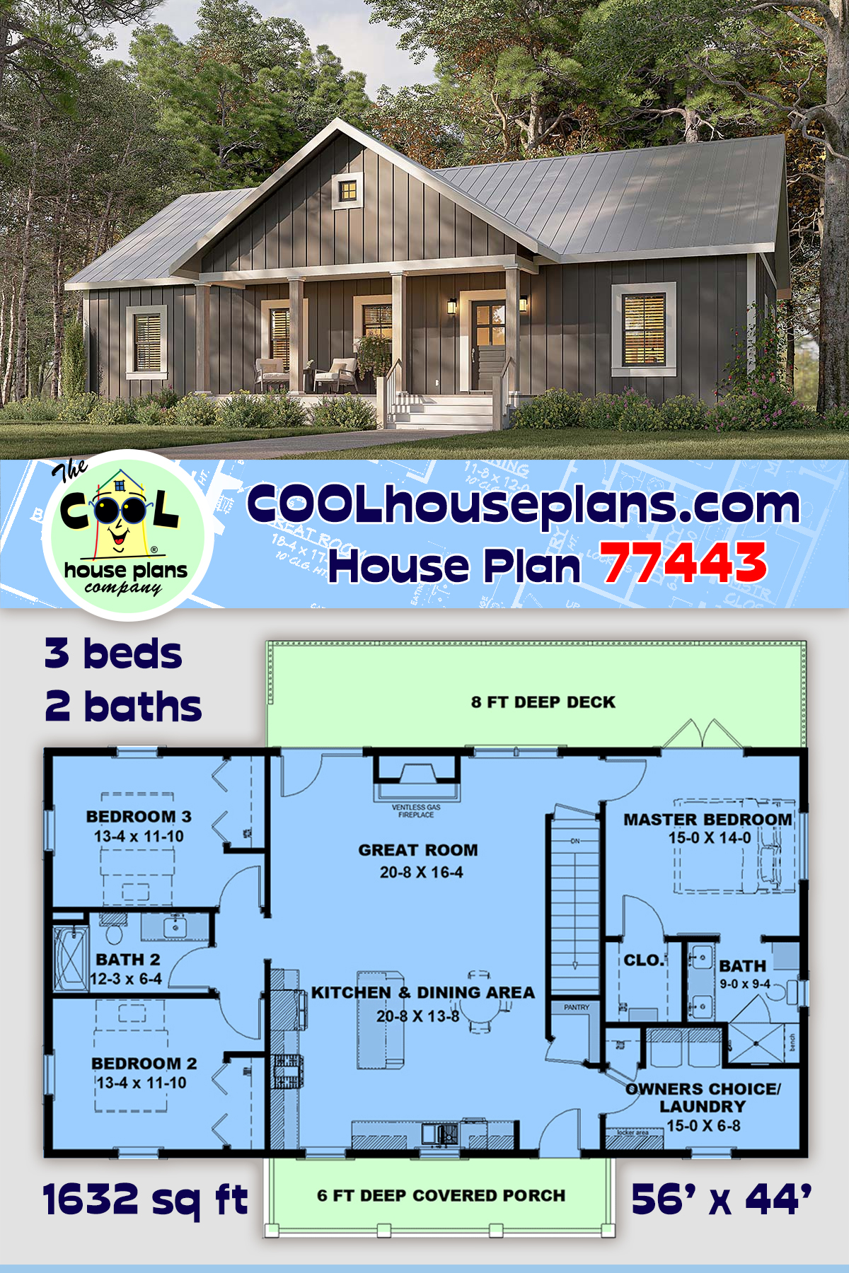 Cottage, Country, Ranch House Plan 77443 with 3 Beds, 2 Baths