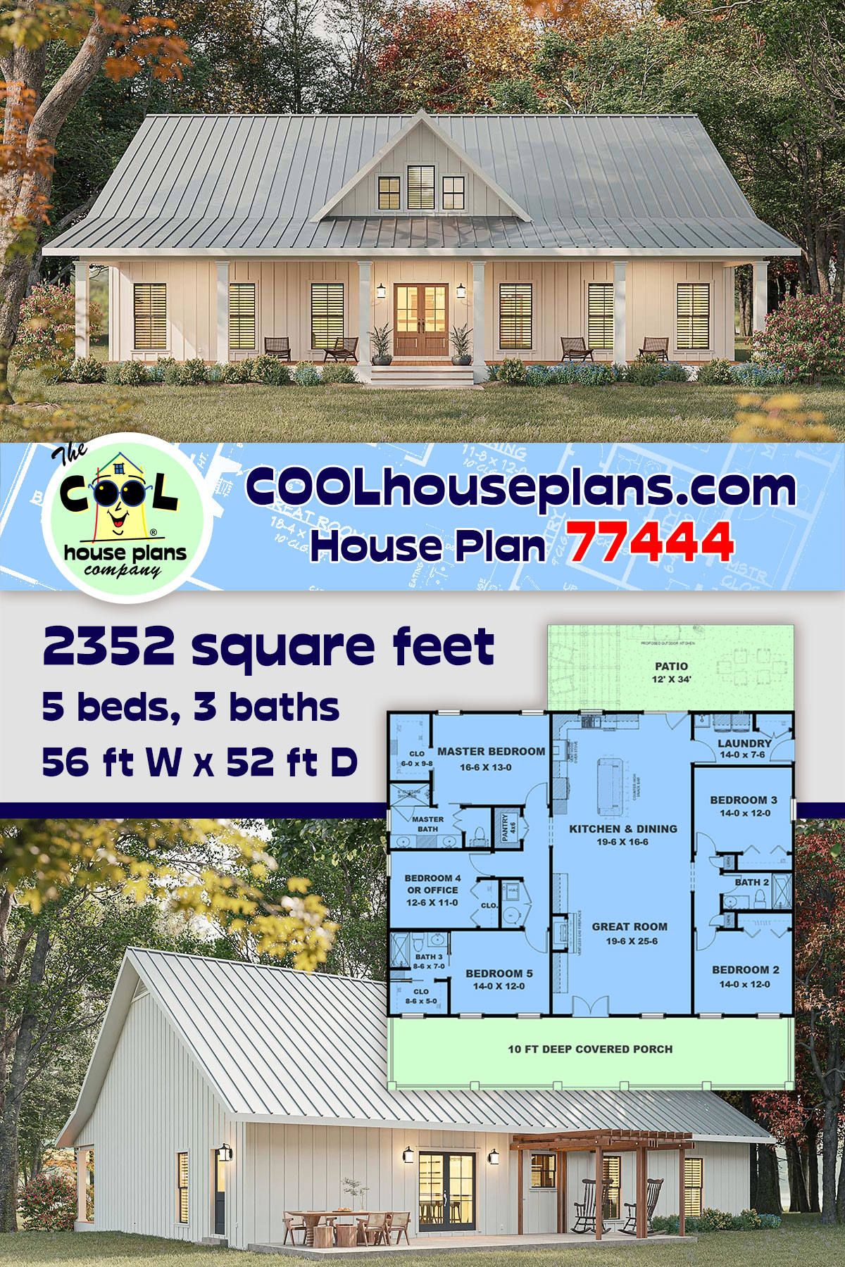 Country, Farmhouse, Ranch, Traditional House Plan 77444 with 5 Beds, 3 Baths