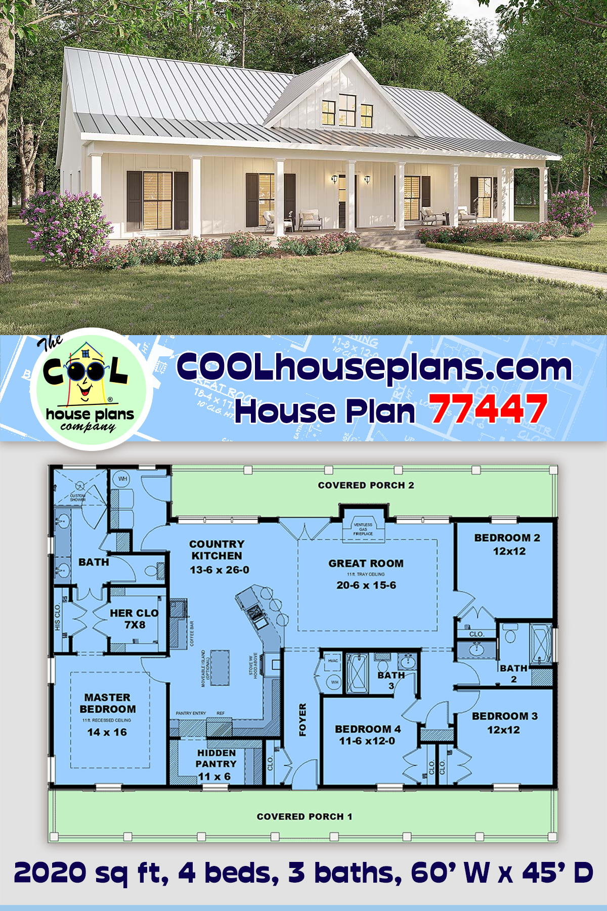 Country, Farmhouse, Ranch, Southern House Plan 77447 with 4 Beds, 3 Baths