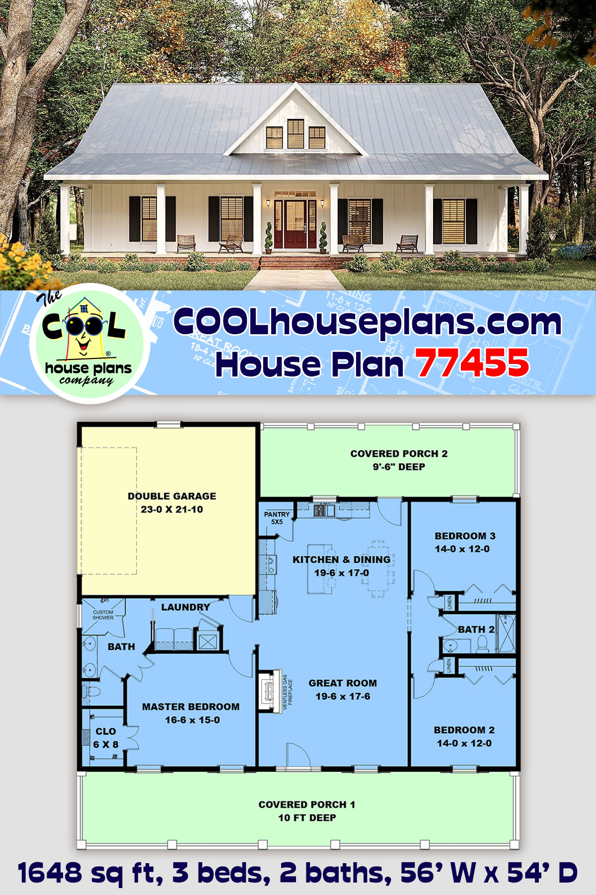 Country, Ranch House Plan 77455 with 3 Beds, 2 Baths, 2 Car Garage