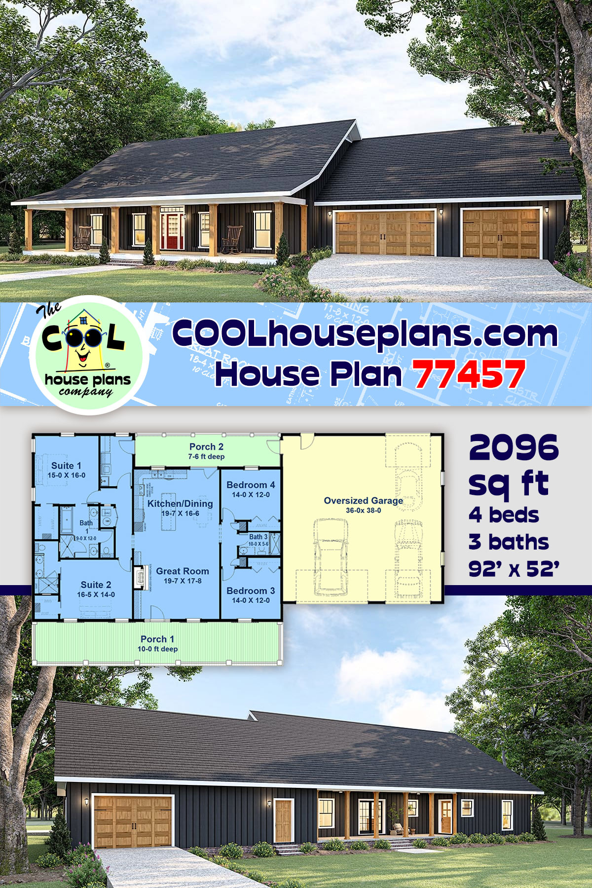 Country, Ranch House Plan 77457 with 4 Beds, 3 Baths, 3 Car Garage