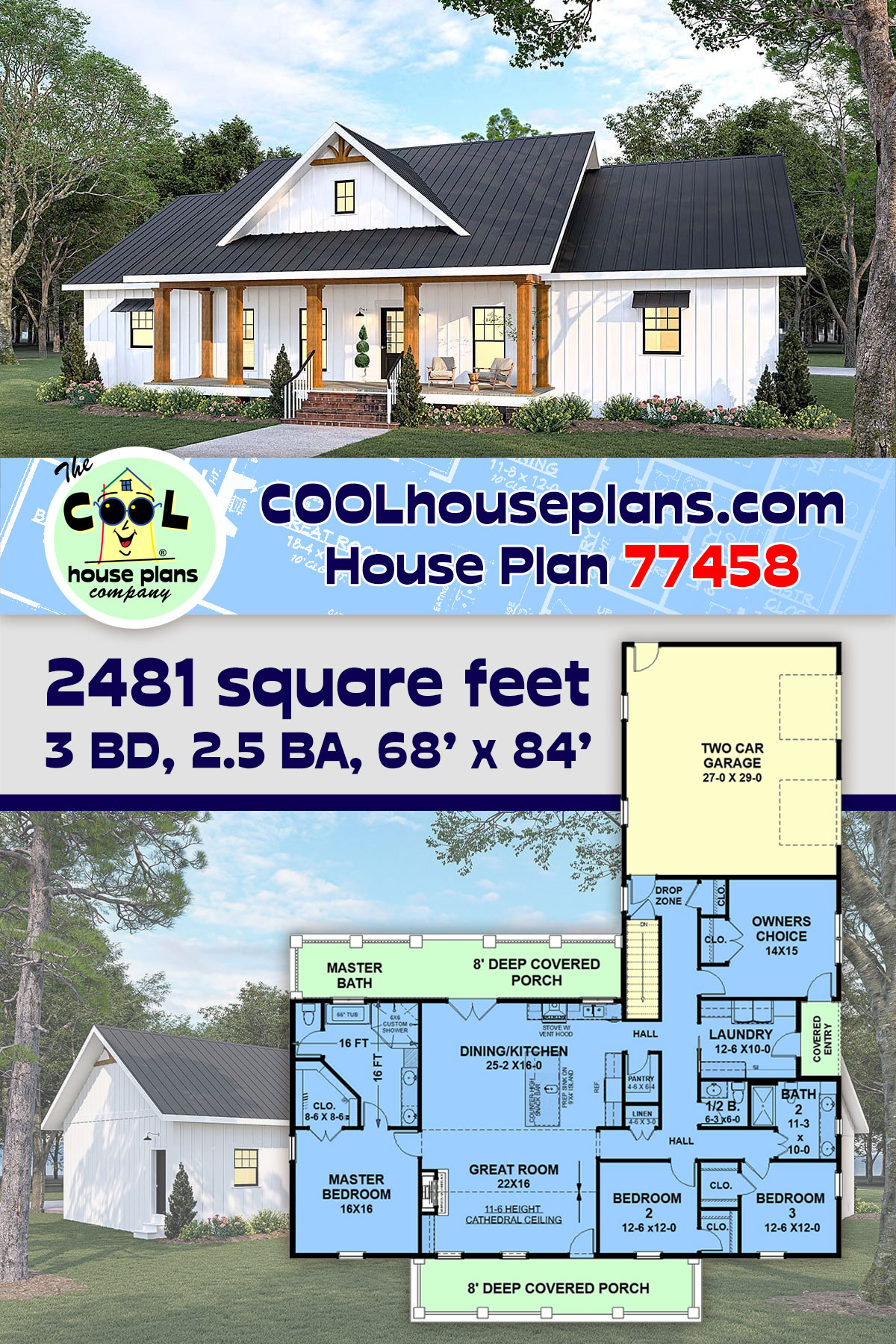 Country, Farmhouse, Ranch, Traditional House Plan 77458 with 3 Beds, 3 Baths, 2 Car Garage