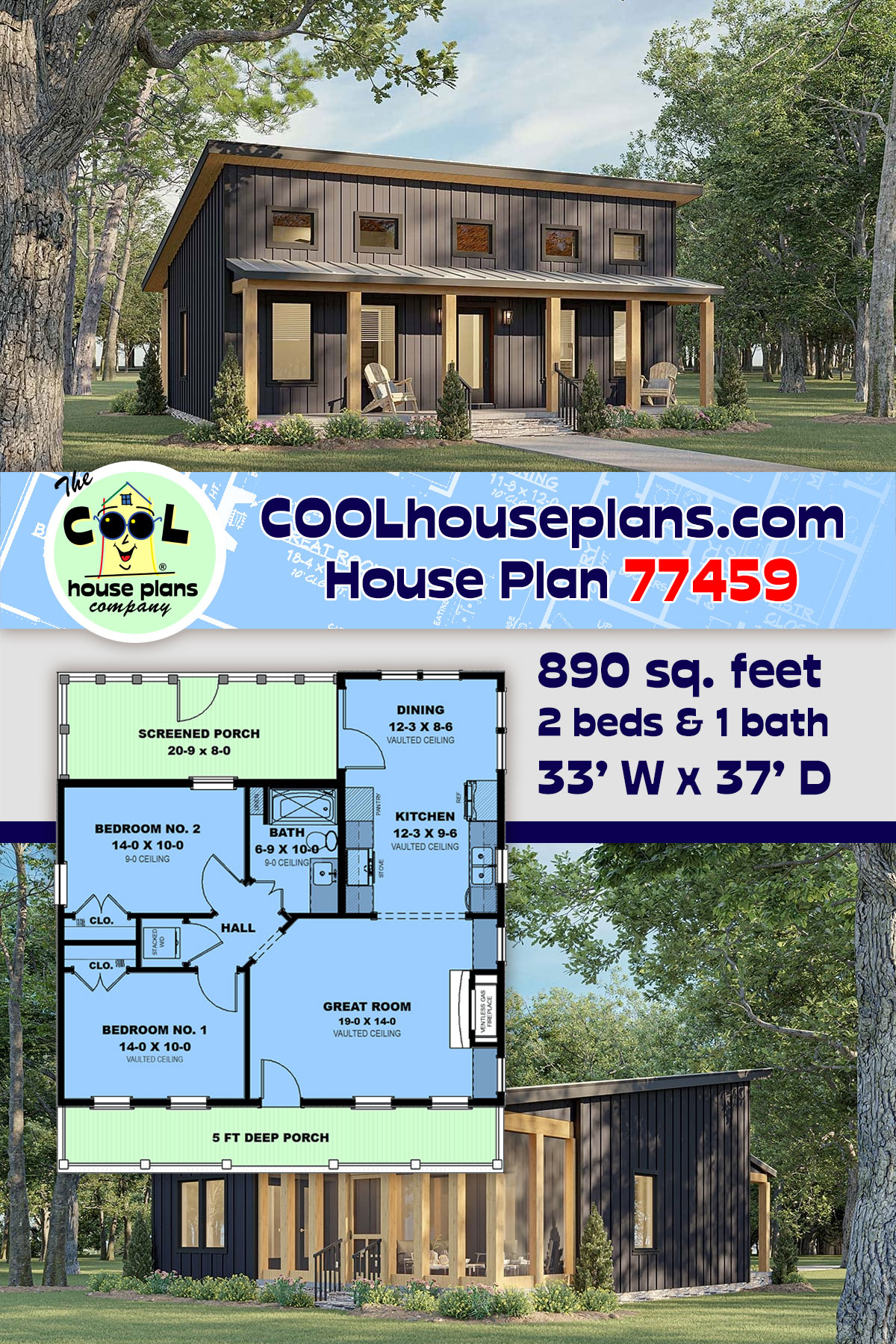 Contemporary, Cottage, Modern House Plan 77459 with 2 Beds, 1 Baths