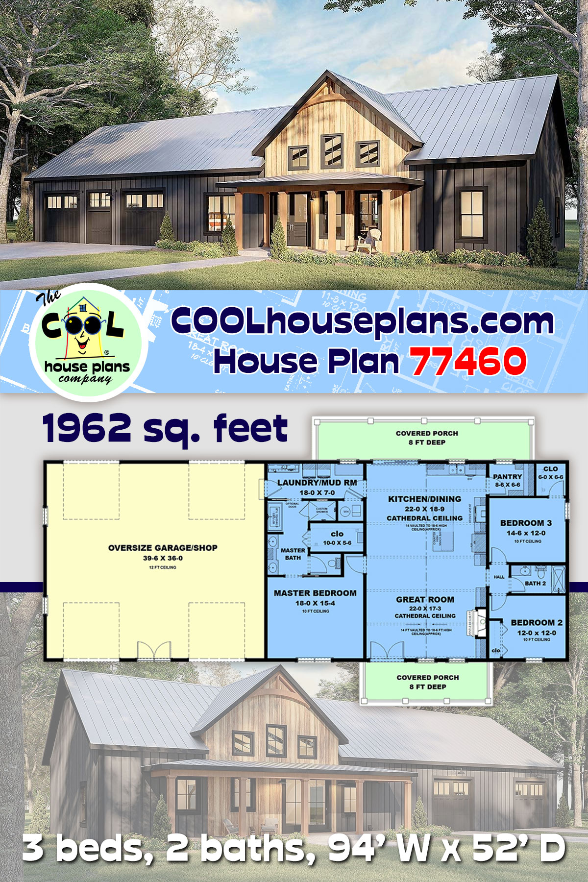 Barndominium House Plan 77460 with 3 Beds, 2 Baths, 4 Car Garage