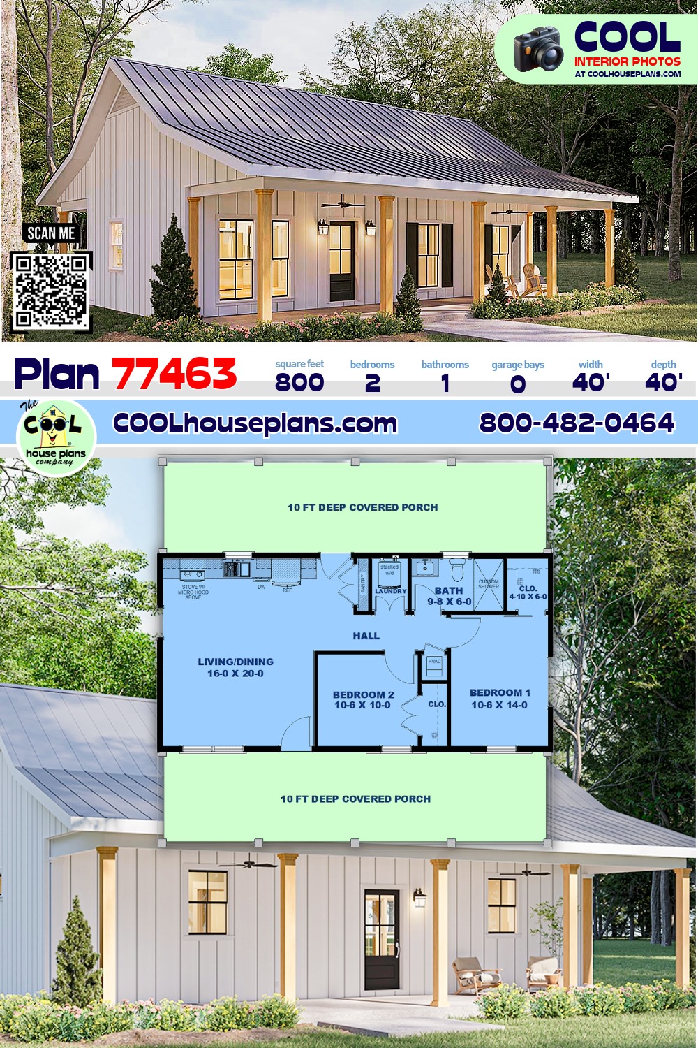 Cabin, Cottage, Country House Plan 77463 with 2 Beds, 1 Baths
