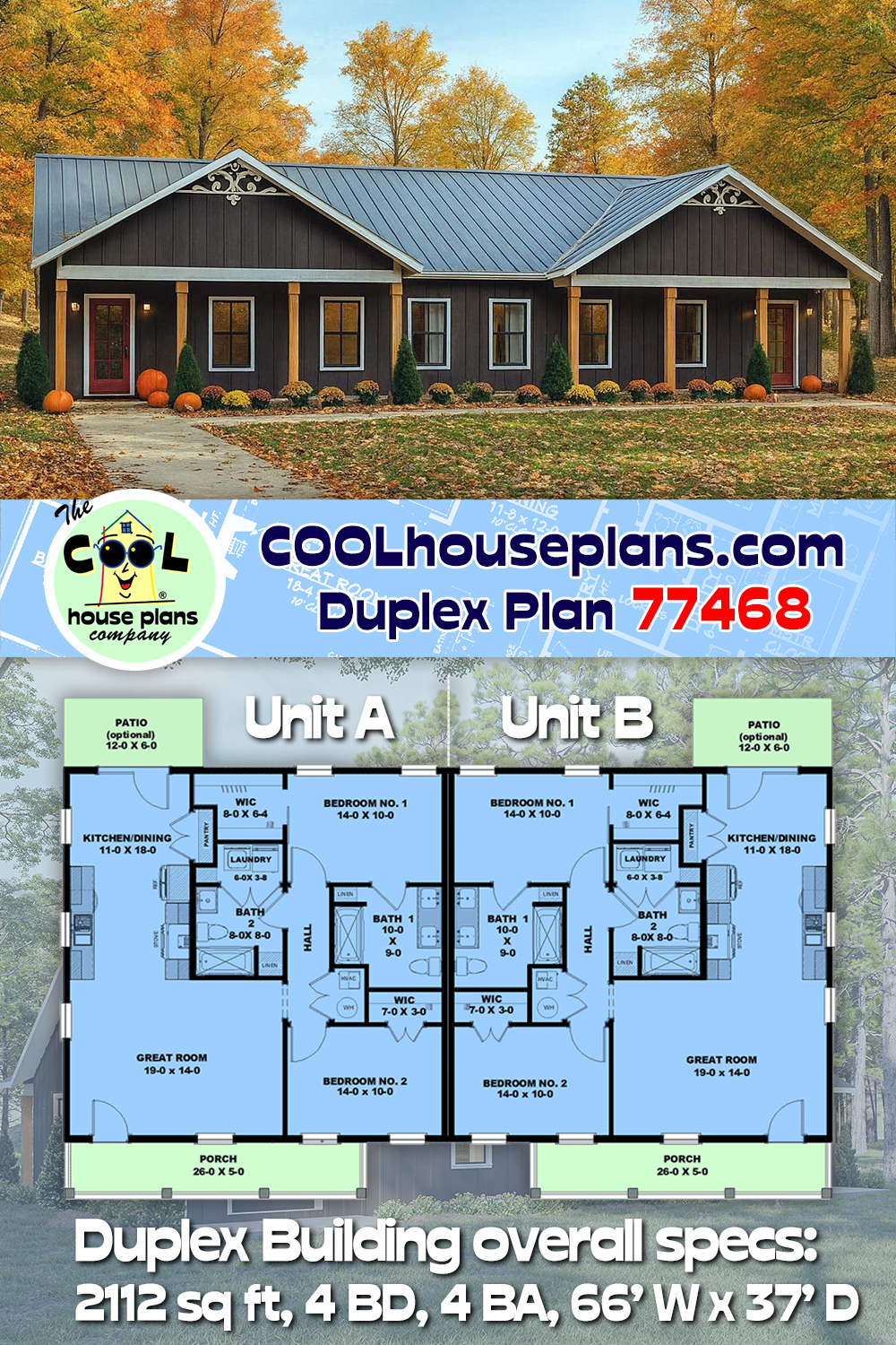 Cottage, Country, Craftsman, Ranch Multi-Family Plan 77468 with 4 Beds, 4 Baths