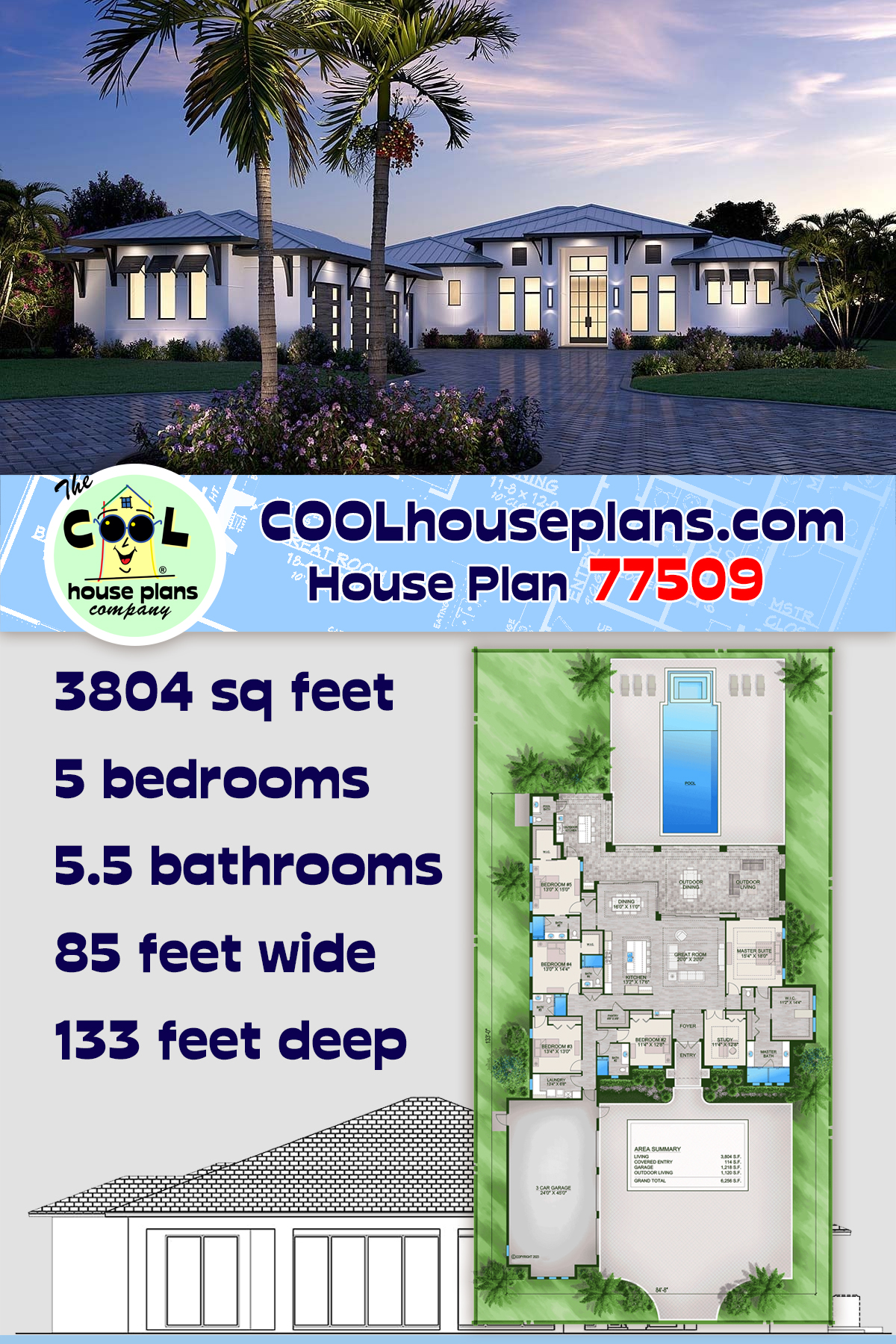 Coastal, Contemporary, Florida House Plan 77509 with 5 Beds, 6 Baths, 3 Car Garage