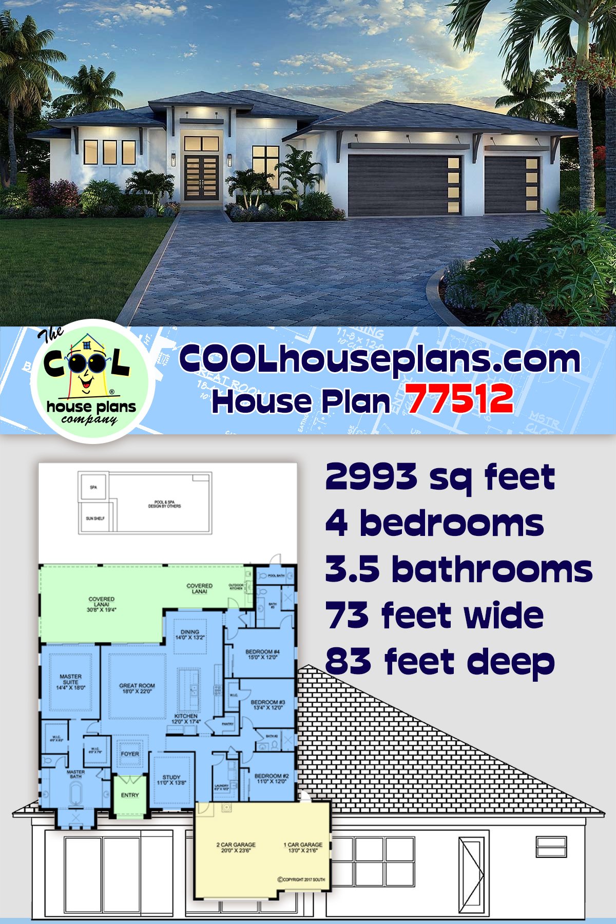 Coastal, Contemporary, Florida House Plan 77512 with 4 Beds, 4 Baths, 3 Car Garage