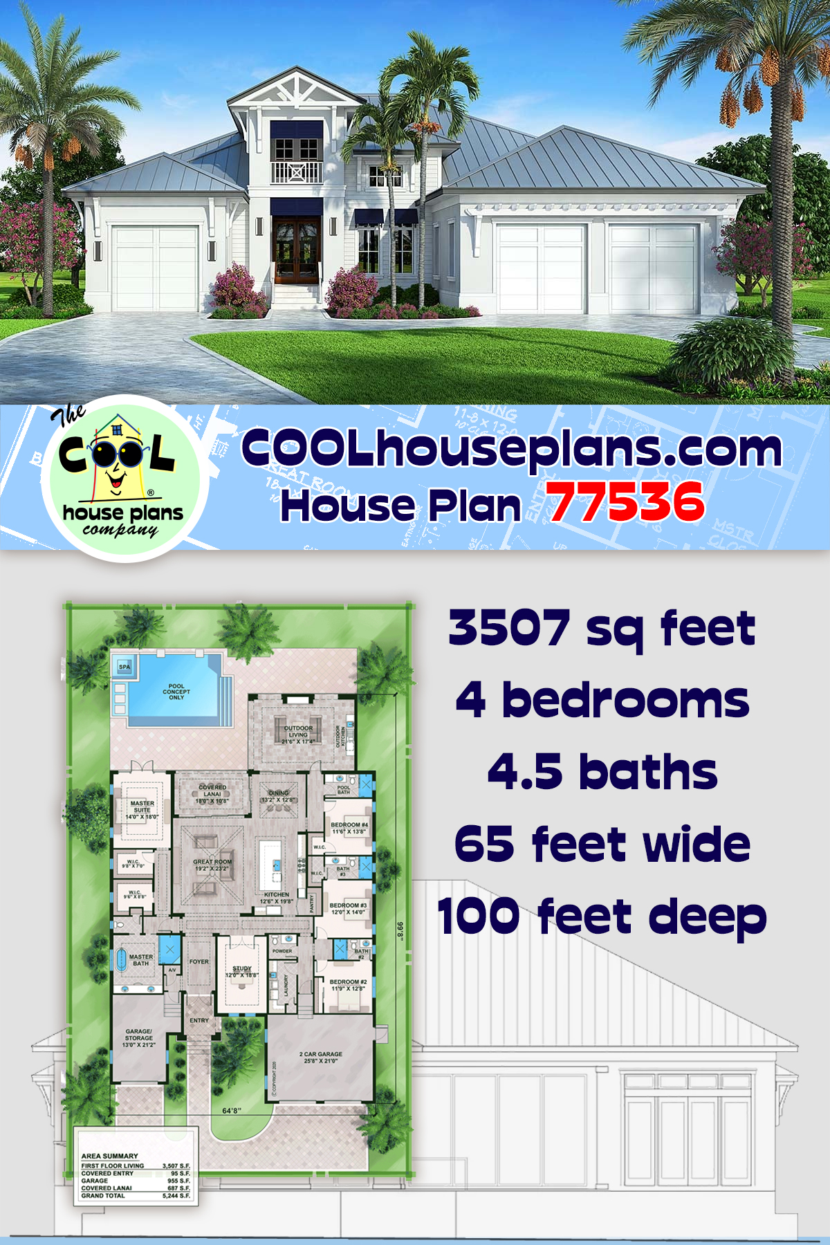 Coastal, Contemporary, Florida House Plan 77536 with 4 Beds, 5 Baths, 3 Car Garage