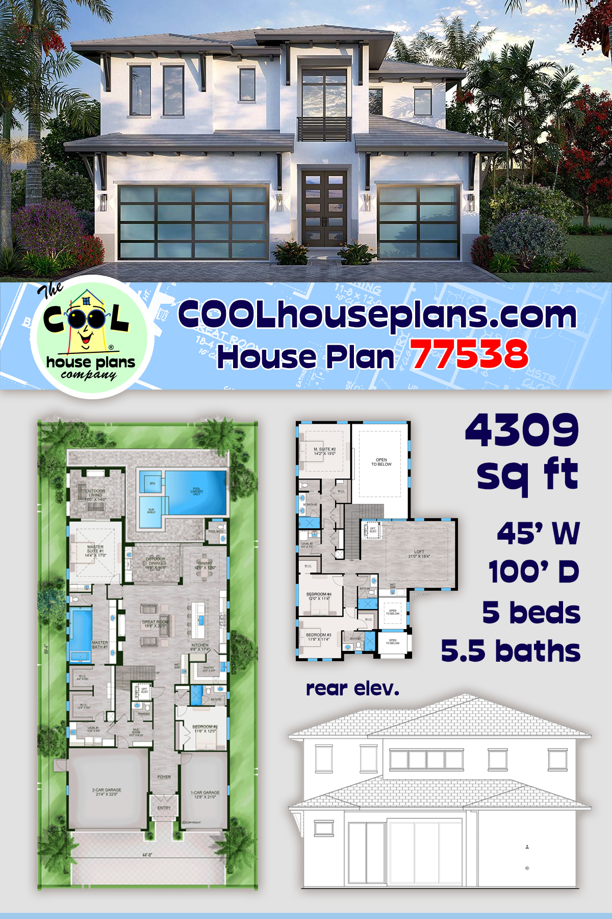 Coastal, Contemporary, Florida House Plan 77538 with 5 Beds, 7 Baths, 3 Car Garage