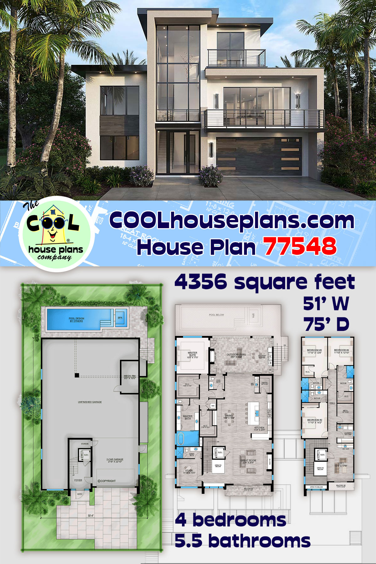 Contemporary, Modern House Plan 77548 with 4 Beds, 6 Baths, 4 Car Garage