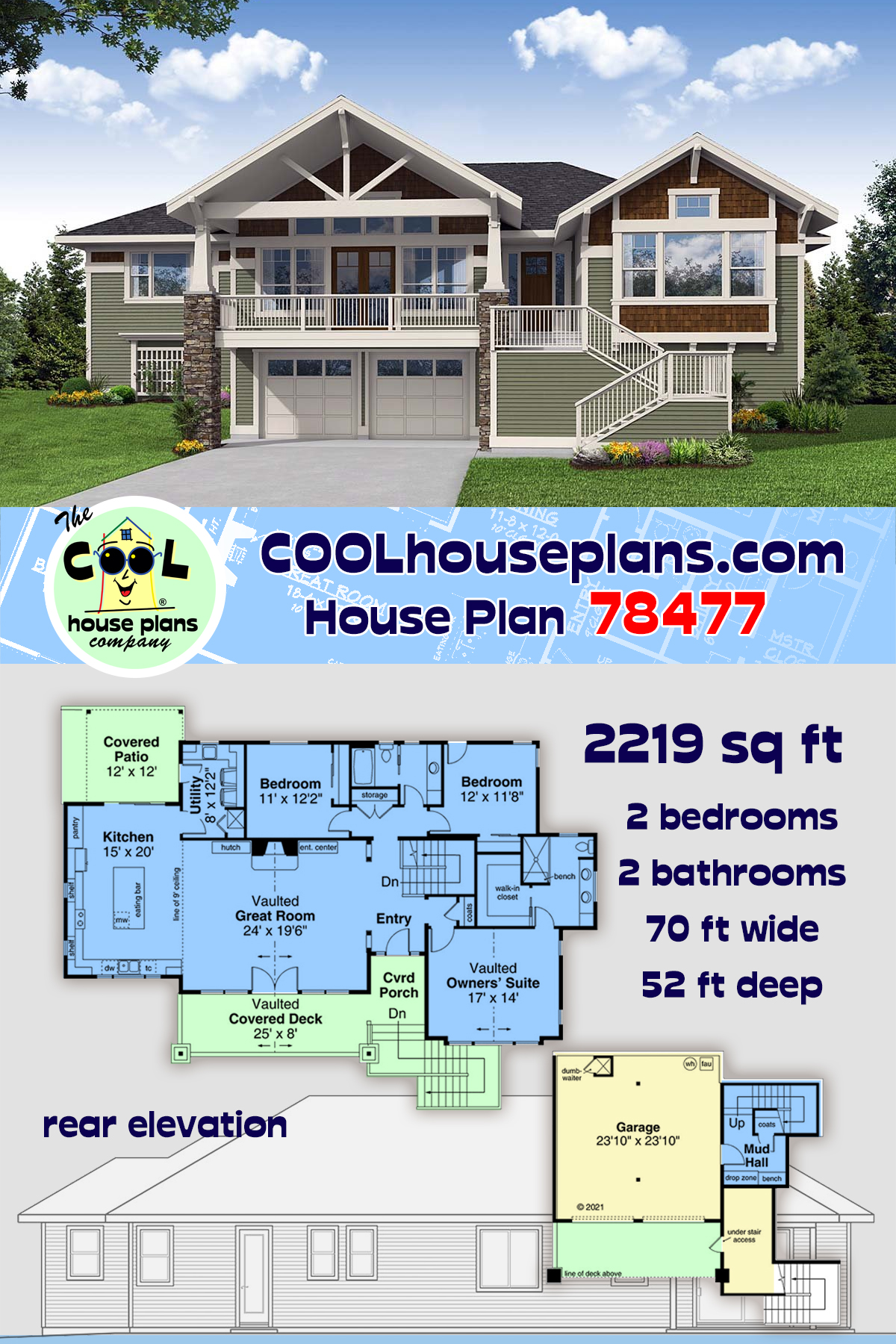 Craftsman House Plan 78477 with 2 Beds, 2 Baths, 2 Car Garage