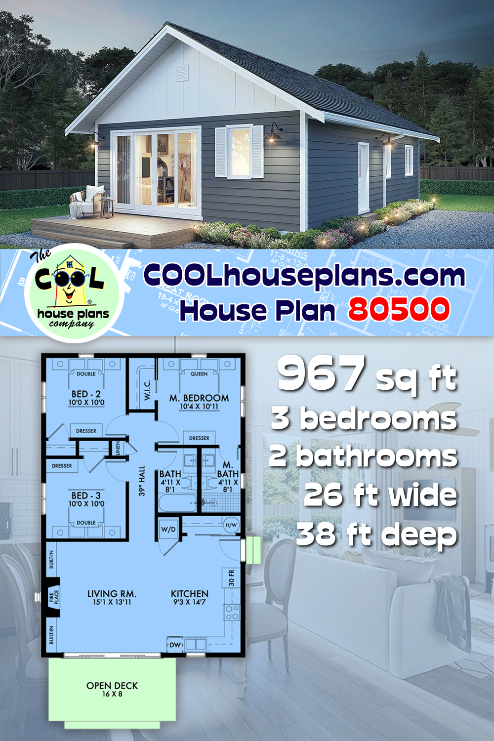 Cabin, Cottage House Plan 80500 with 3 Beds, 2 Baths
