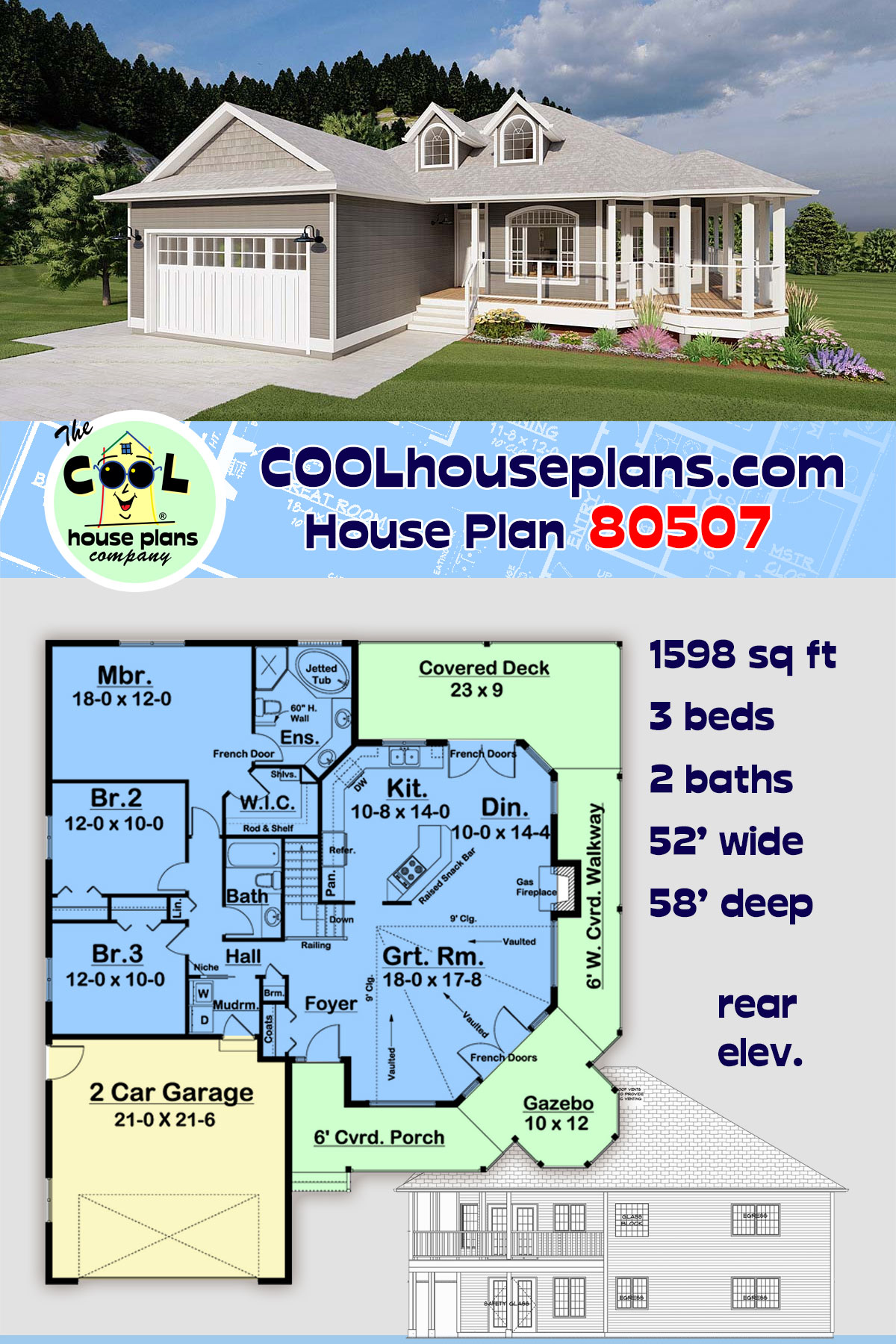 Country, Traditional House Plan 80507 with 3 Beds, 2 Baths, 2 Car Garage