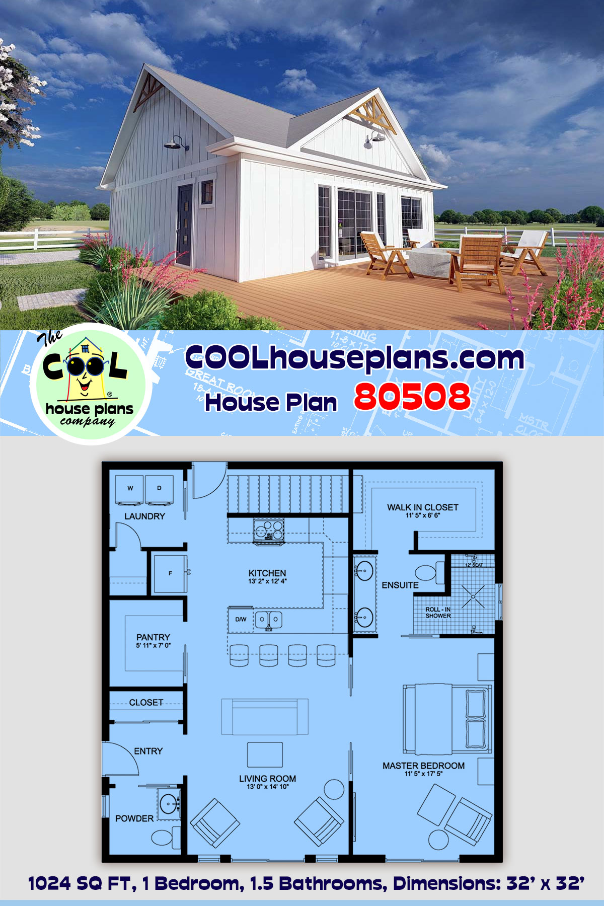 Bungalow, Cabin, Cape Cod, Contemporary, Cottage, Farmhouse, Ranch House Plan 80508 with 1 Beds, 2 Baths