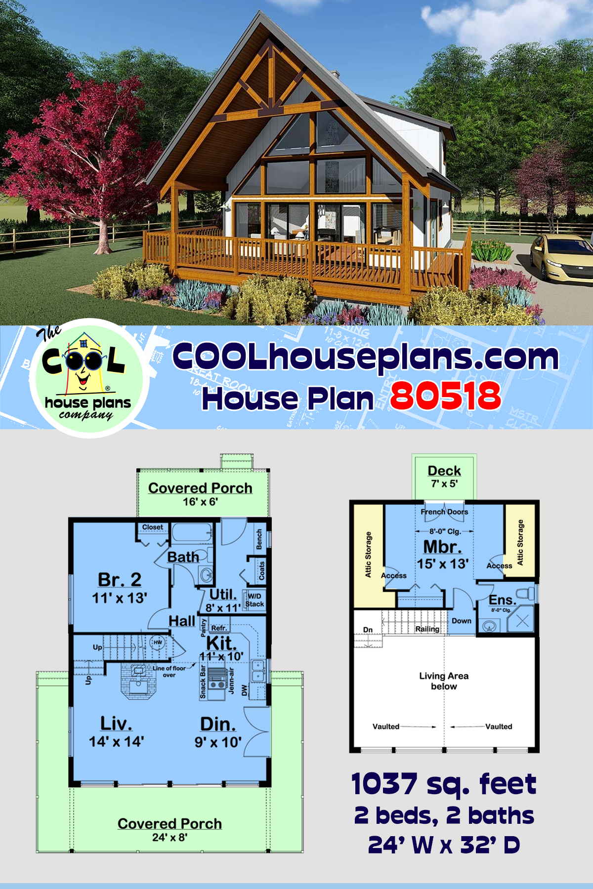 A-Frame, Cabin House Plan 80518 with 2 Beds, 2 Baths