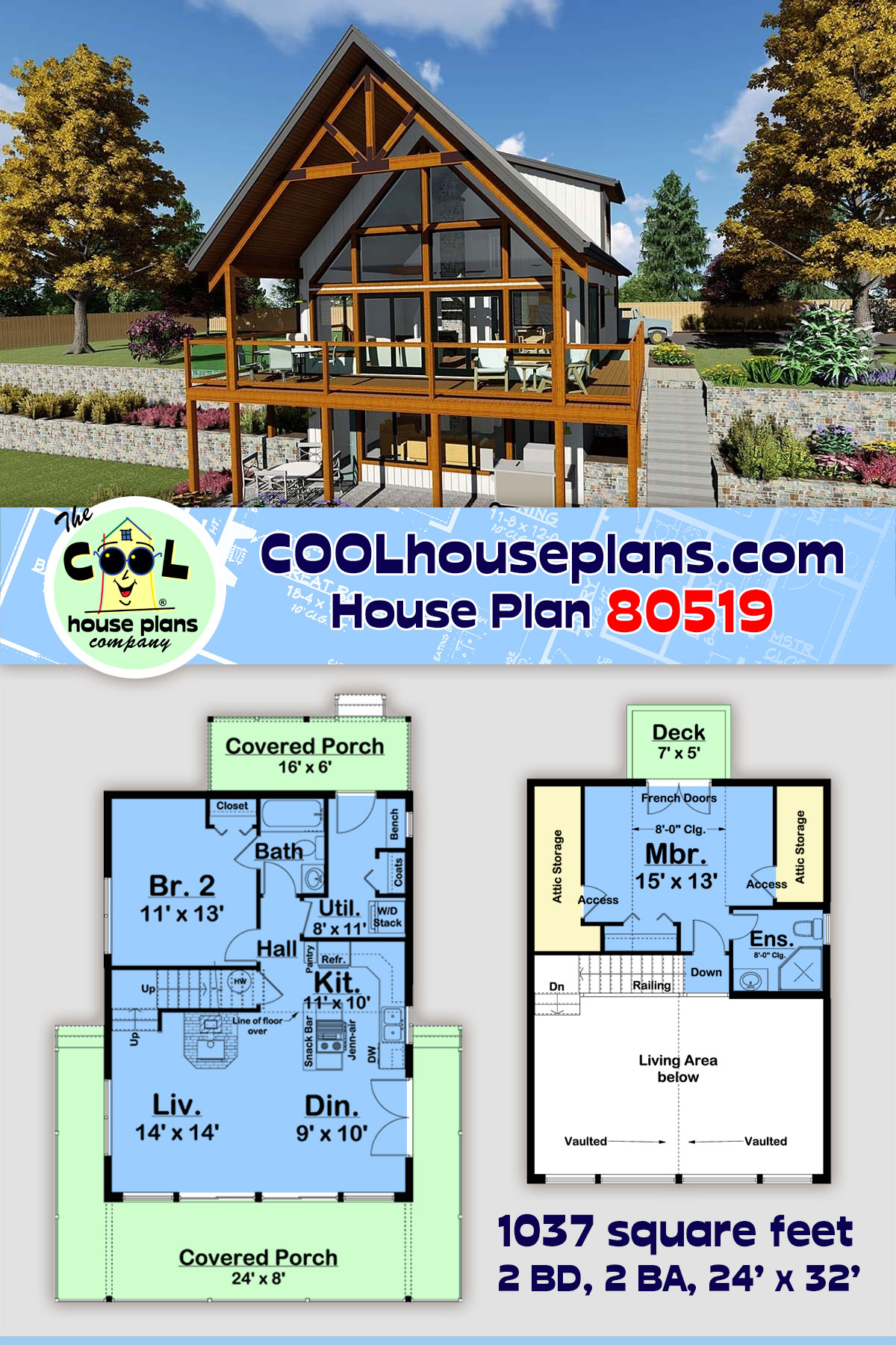 A-Frame, Cabin House Plan 80519 with 2 Beds, 2 Baths