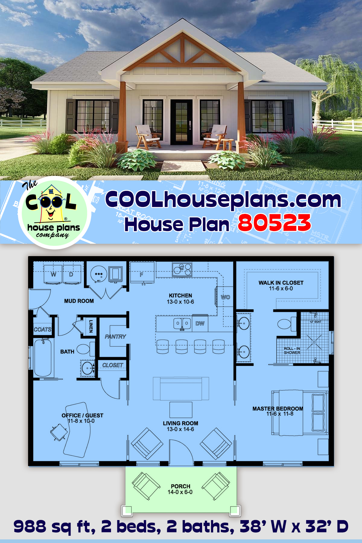 Country, Craftsman, Farmhouse, Ranch House Plan 80523 with 2 Beds, 2 Baths