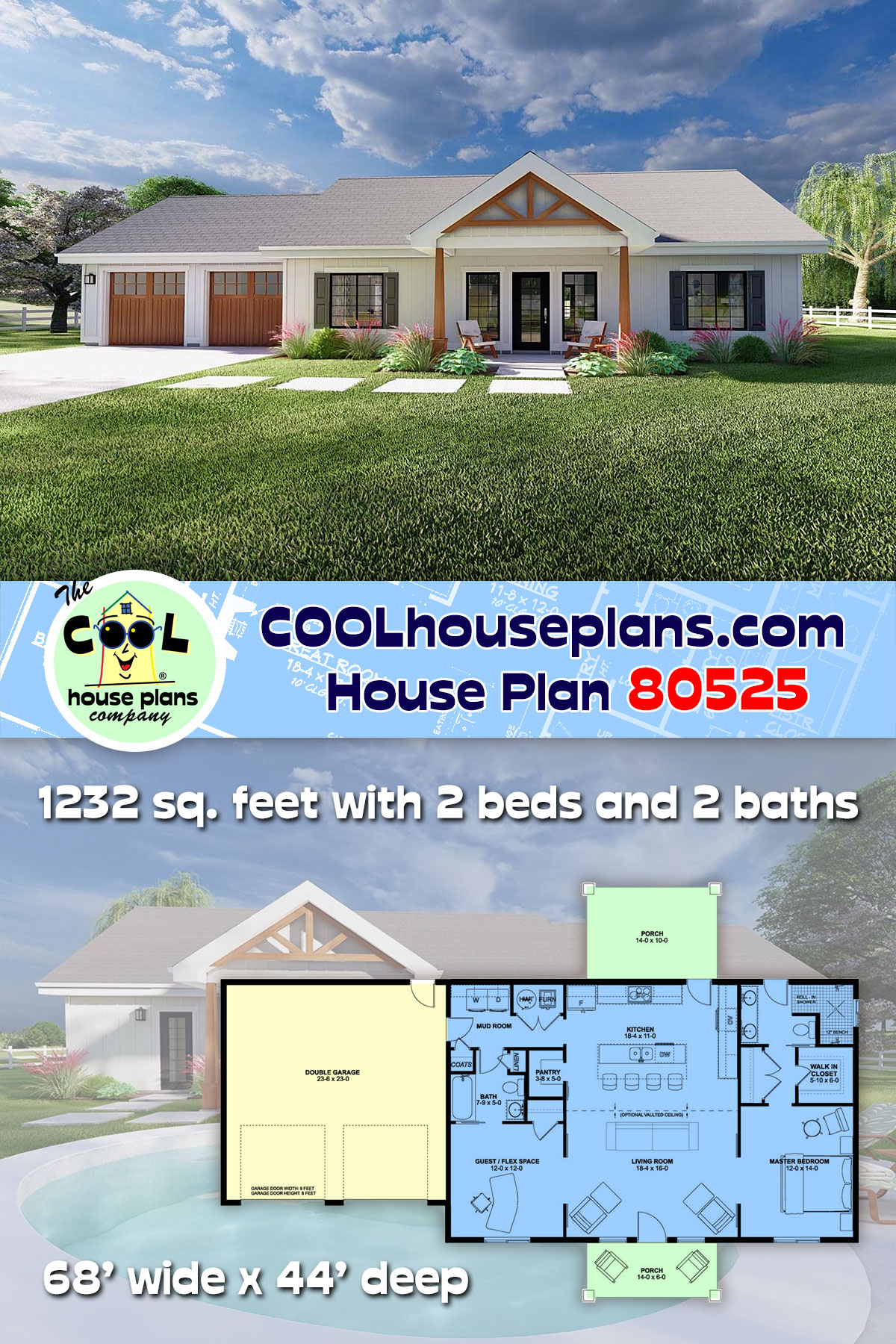 Country, Craftsman, Farmhouse, Ranch House Plan 80525 with 2 Beds, 2 Baths, 2 Car Garage