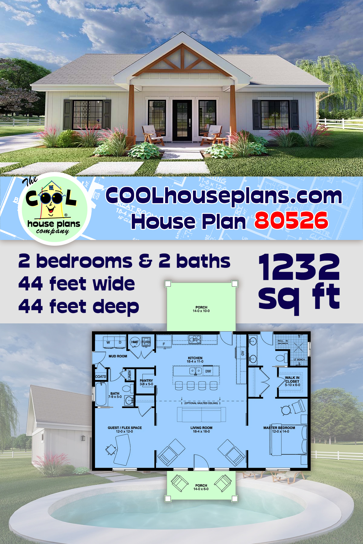 Cabin, Country, Craftsman, Ranch House Plan 80526 with 2 Beds, 2 Baths