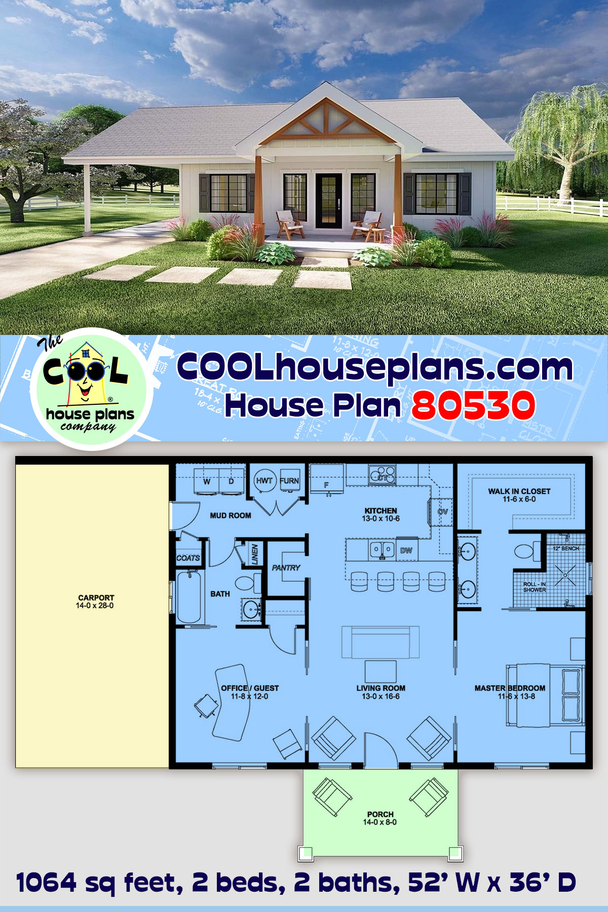 Cabin, Country, Ranch House Plan 80530 with 2 Beds, 2 Baths, 1 Car Garage