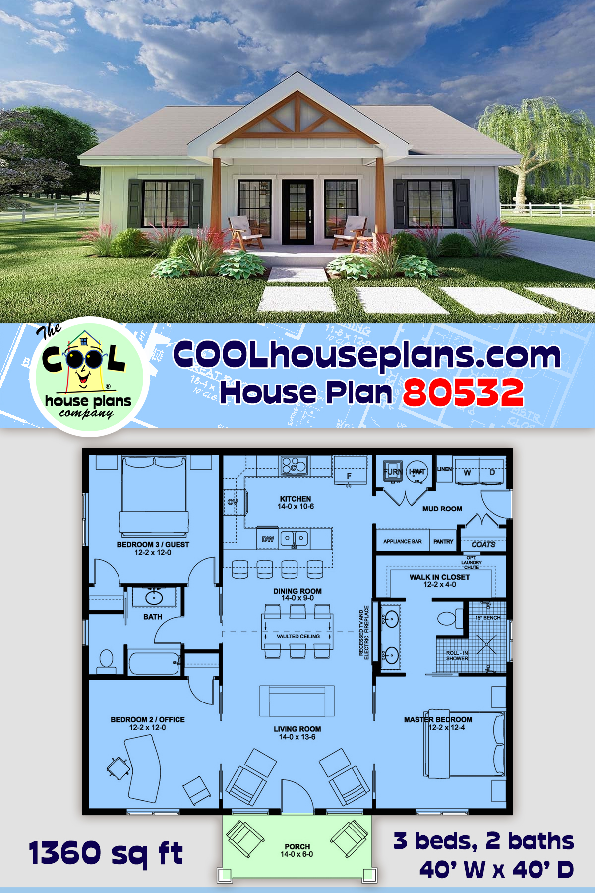 Country, Craftsman, Farmhouse, Ranch House Plan 80532 with 3 Beds, 2 Baths