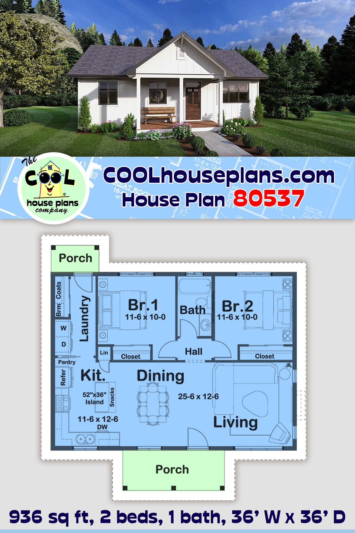 Country, Farmhouse, Ranch House Plan 80537 with 2 Beds, 1 Baths