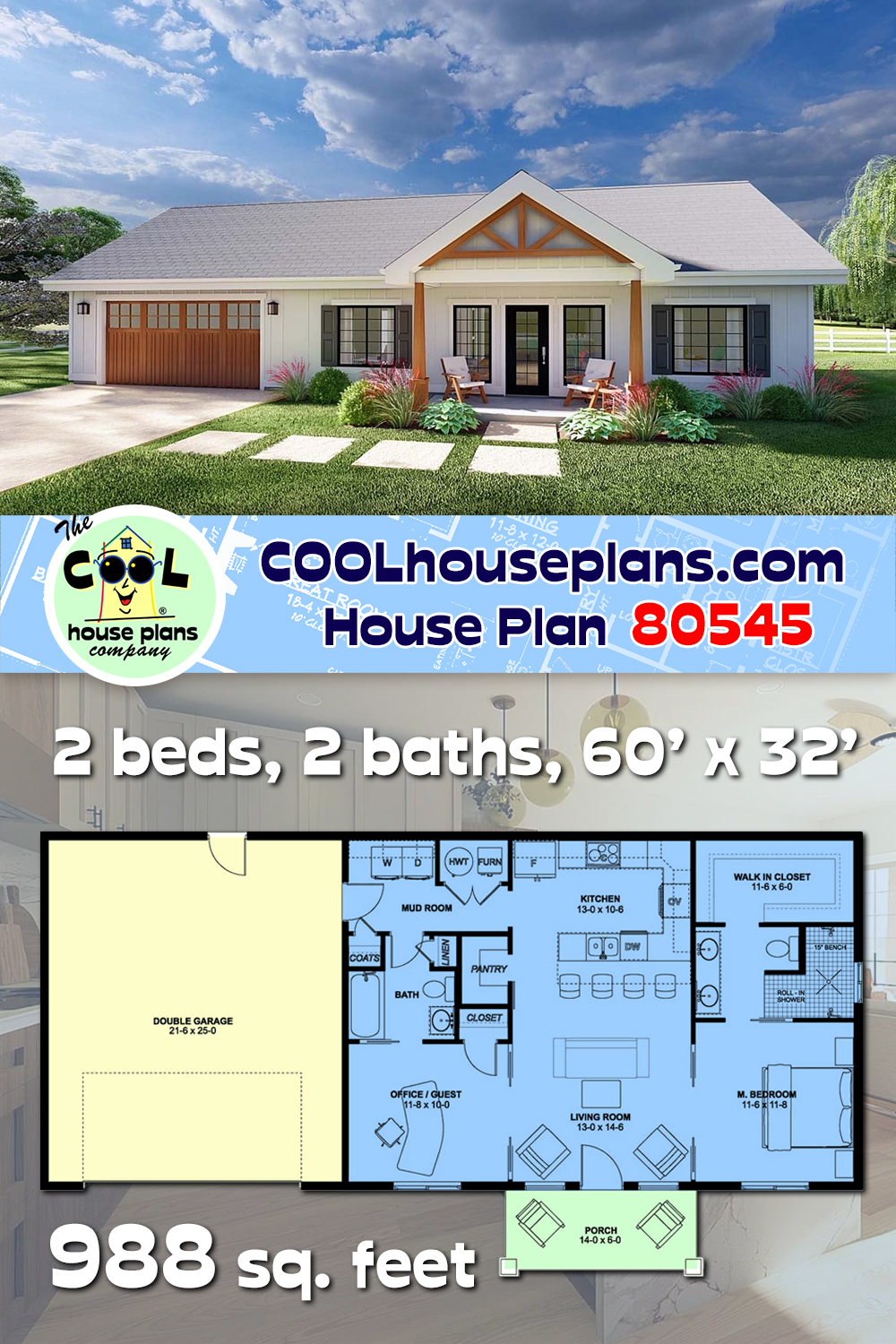 Country, Craftsman, Farmhouse, Ranch House Plan 80545 with 2 Beds, 2 Baths, 2 Car Garage