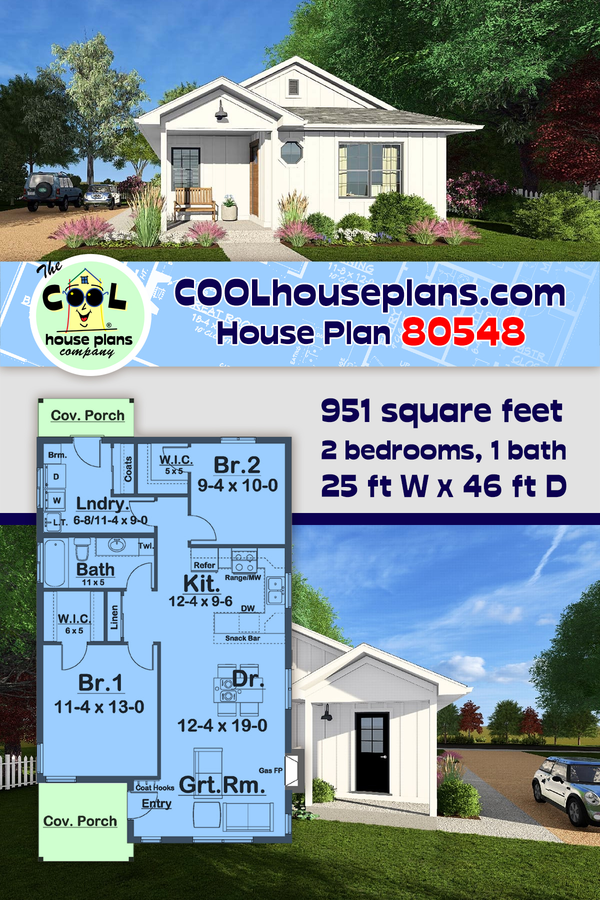Country, Farmhouse, Ranch, Traditional House Plan 80548 with 2 Beds, 1 Baths