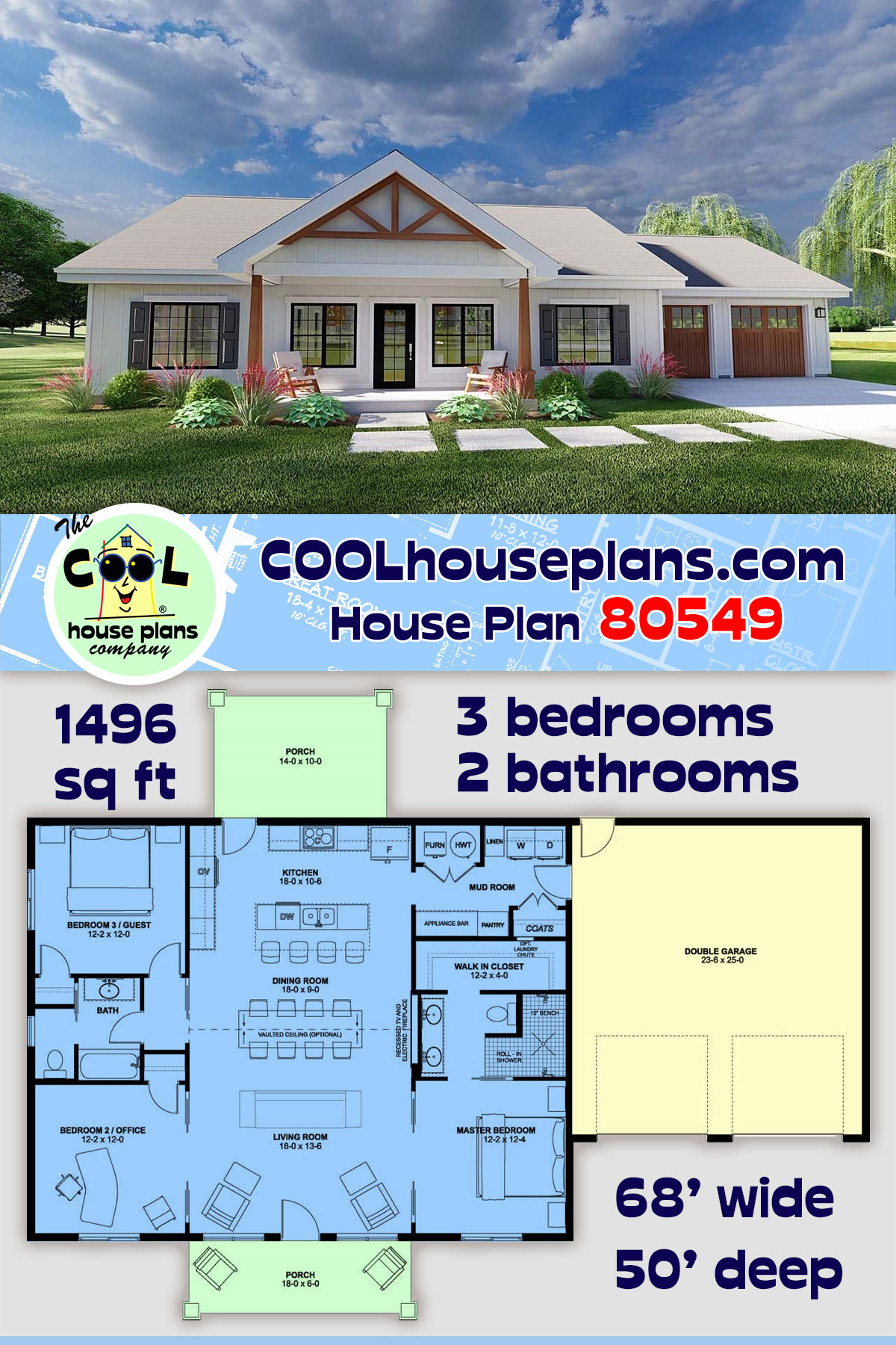 Country, Craftsman, Farmhouse, Ranch House Plan 80549 with 3 Beds, 2 Baths, 2 Car Garage