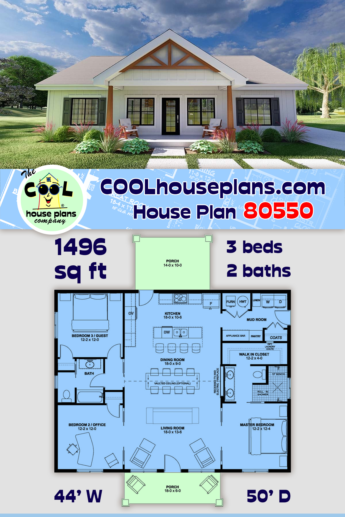 Contemporary, Country, Craftsman, Farmhouse, Ranch House Plan 80550 with 3 Beds, 2 Baths