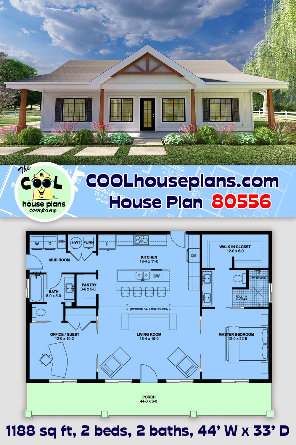 Country, Ranch House Plan 80556 with 2 Beds, 2 Baths