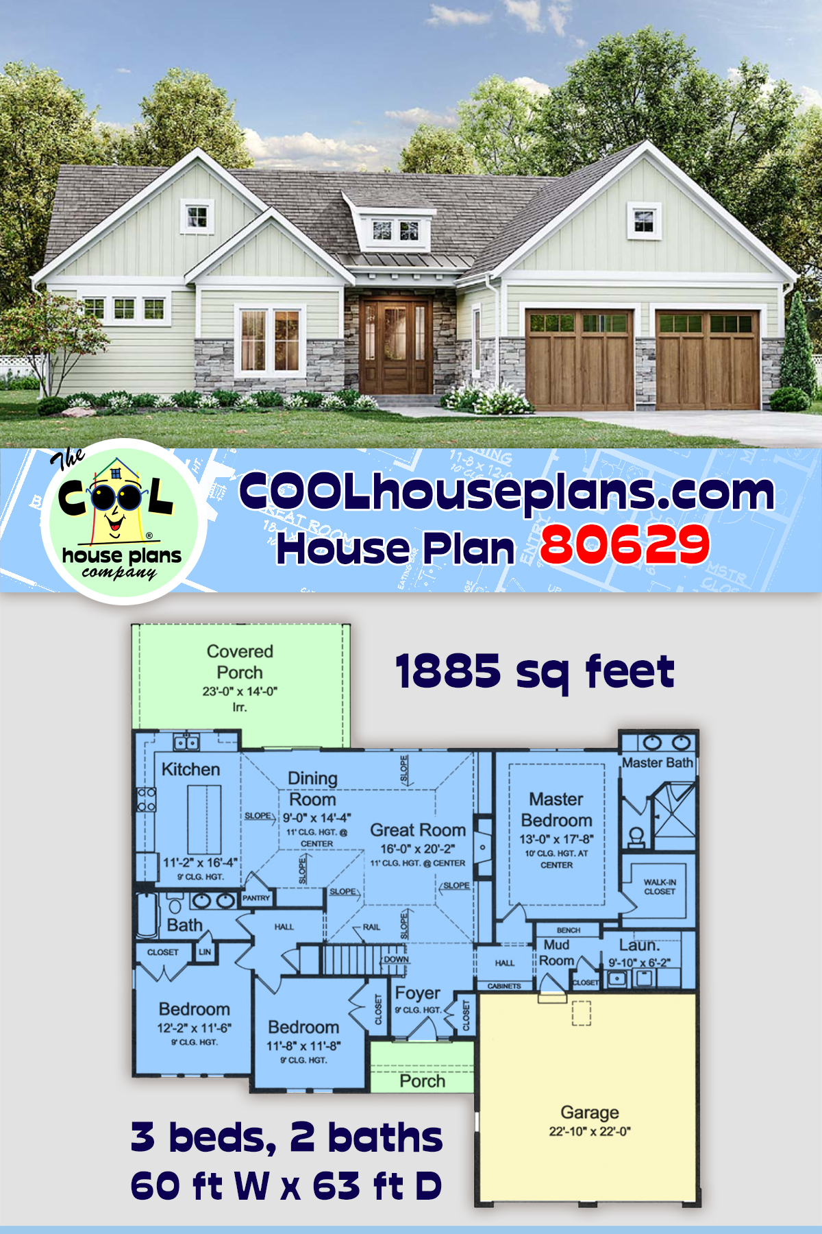 Country, Farmhouse, Ranch, Traditional House Plan 80629 with 3 Beds, 2 Baths, 2 Car Garage
