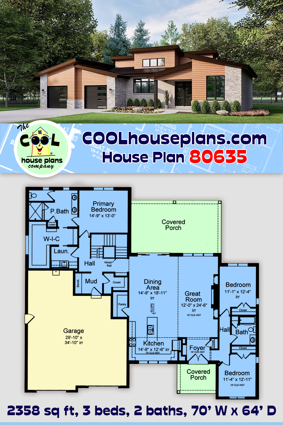 Contemporary, Ranch House Plan 80635 with 3 Beds, 2 Baths, 2 Car Garage