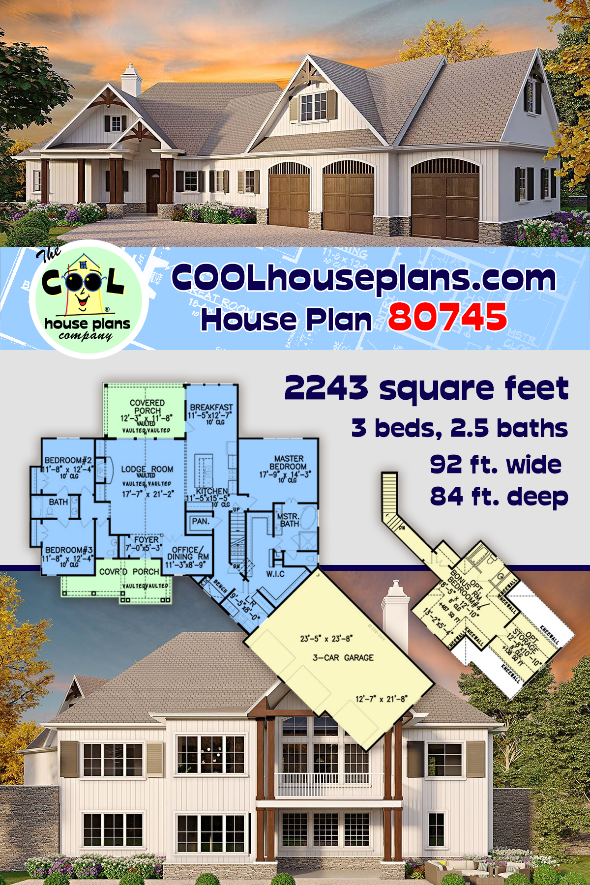 Craftsman, New American House Plan 80745 with 3 Beds, 3 Baths, 3 Car Garage