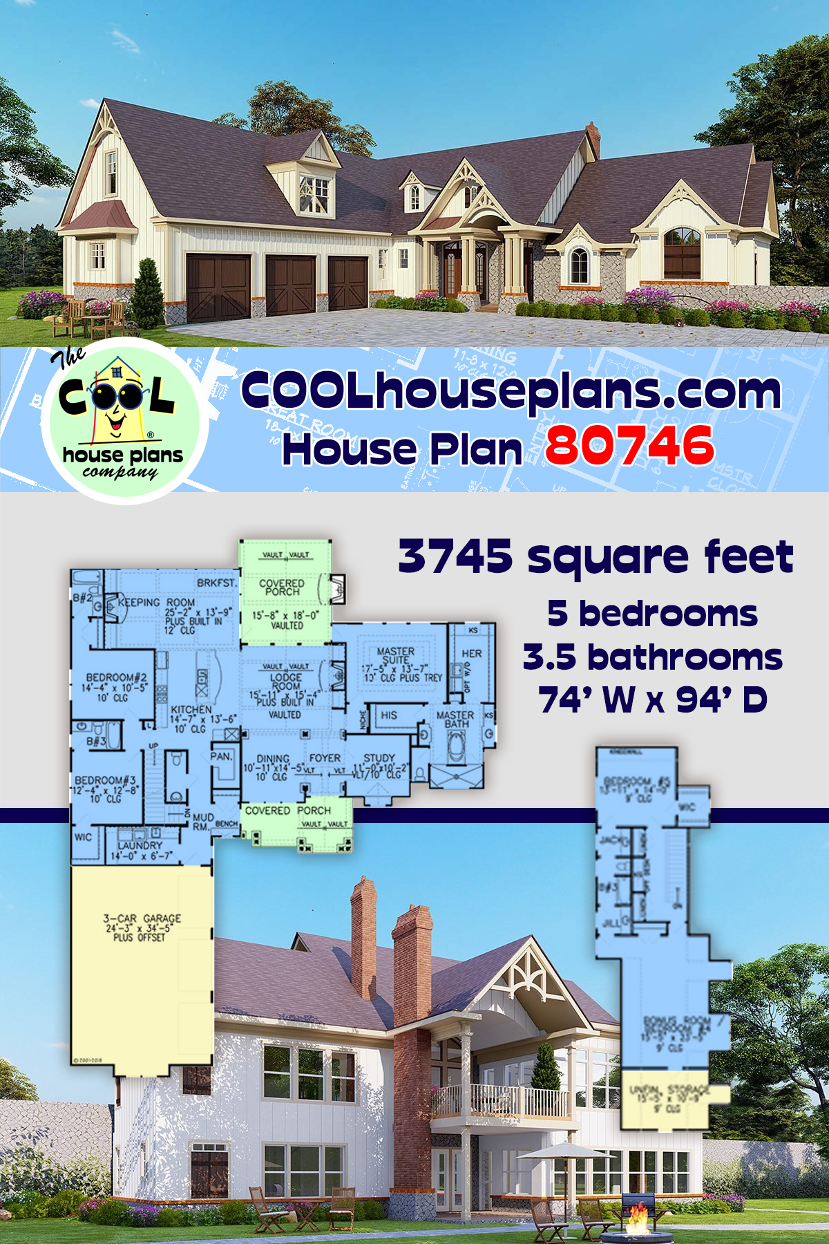 Craftsman House Plan 80746 with 5 Beds, 4 Baths, 3 Car Garage