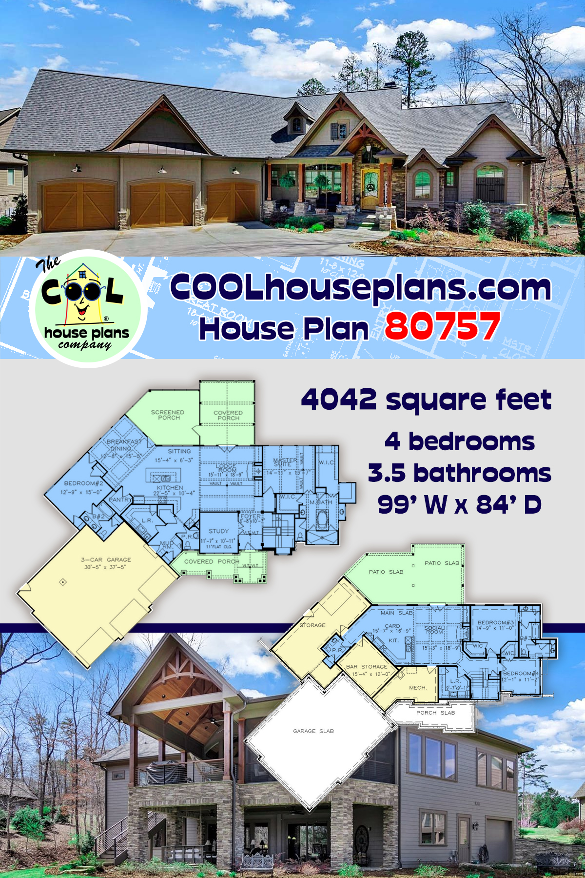 Craftsman, Farmhouse, New American House Plan 80757 with 4 Beds, 5 Baths, 3 Car Garage