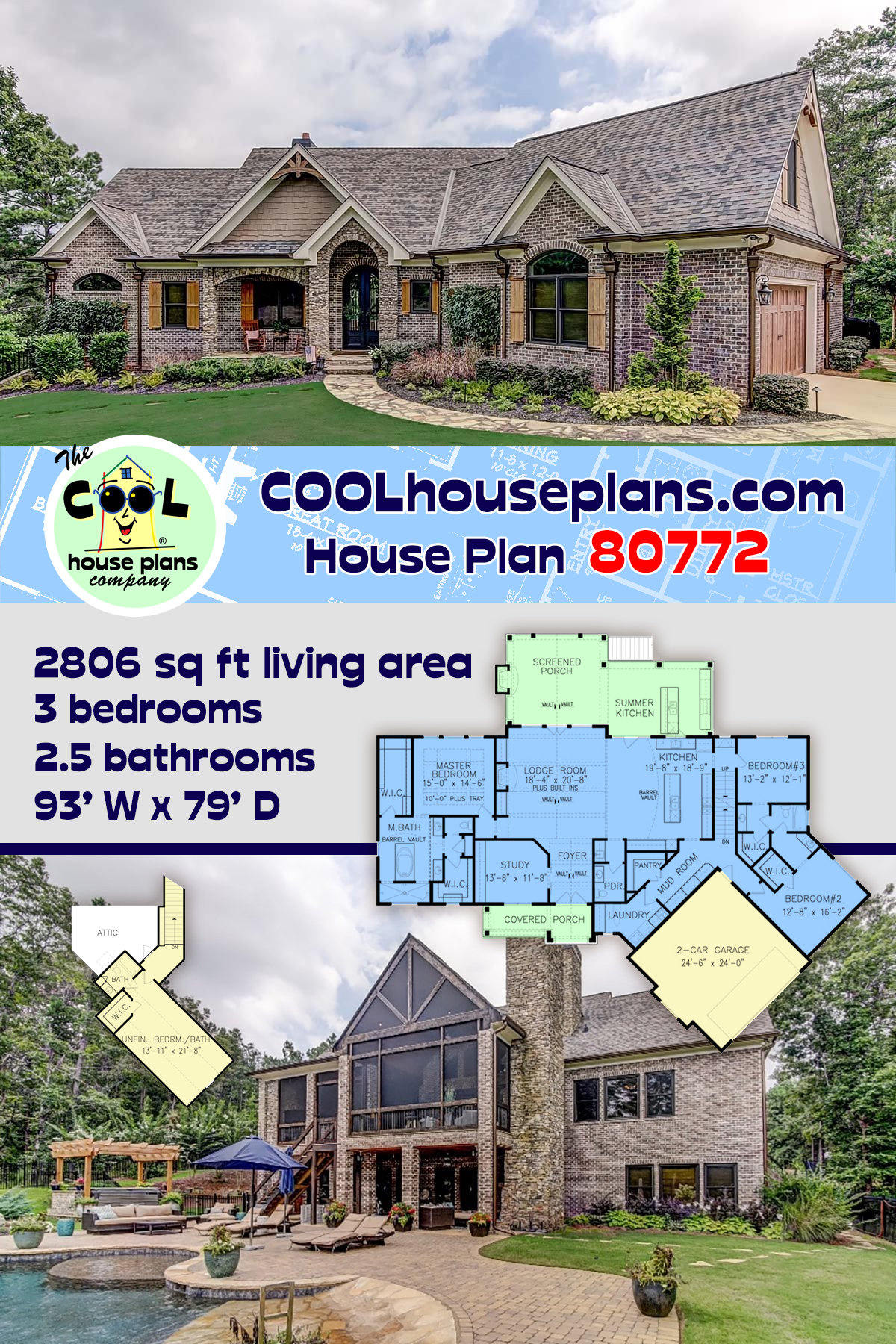 Craftsman, Farmhouse, New American, Tuscan House Plan 80772 with 3 Beds, 3 Baths, 2 Car Garage