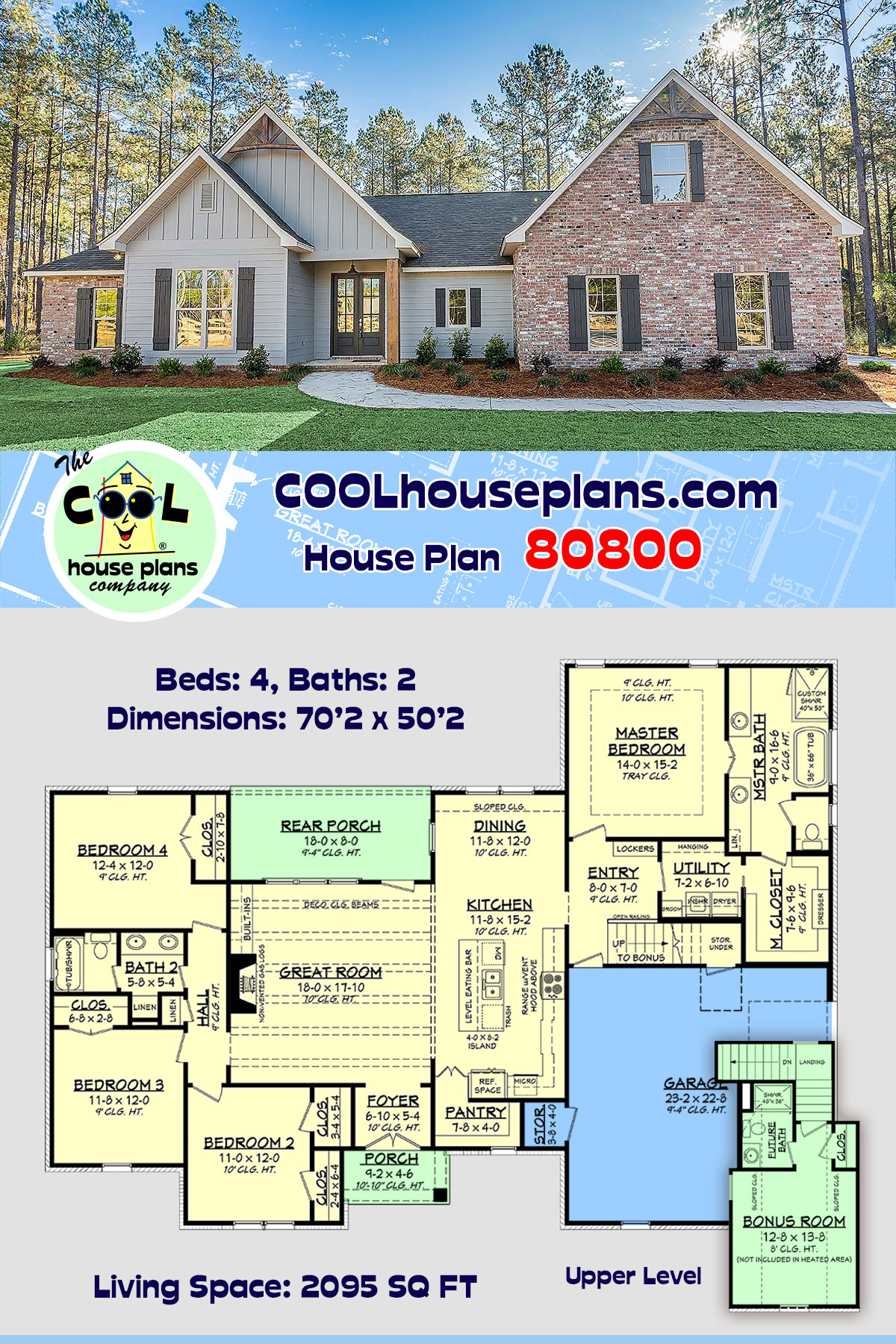 Country, Farmhouse, New American, Traditional House Plan 80800 with 4 Beds, 2 Baths, 2 Car Garage