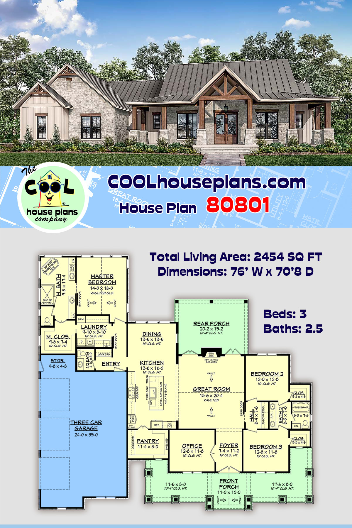 Country, Craftsman, Farmhouse, Ranch House Plan 80801 with 3 Beds, 3 Baths, 3 Car Garage