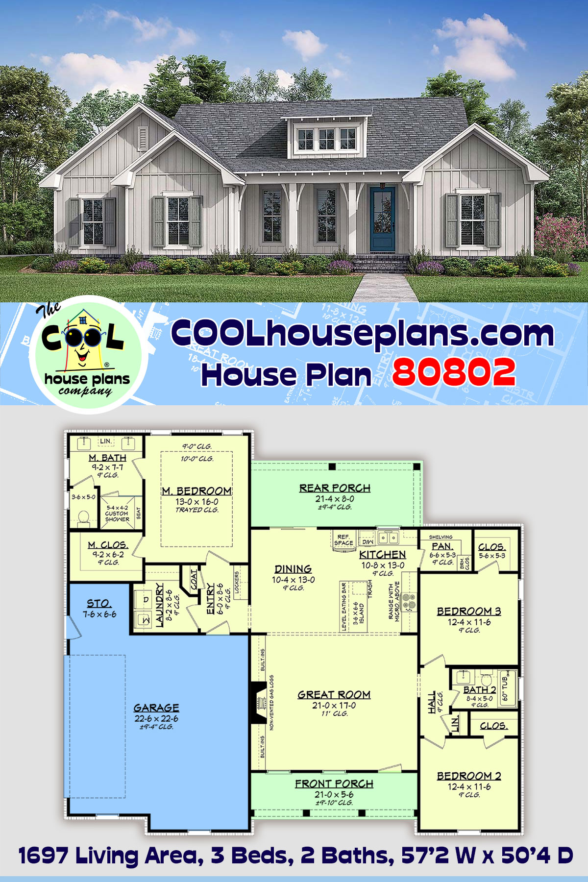 Cottage, Country, Farmhouse, New American House Plan 80802 with 3 Beds, 2 Baths, 2 Car Garage