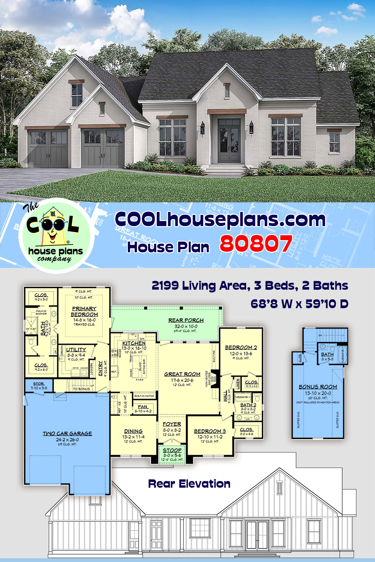 Farmhouse, French Country House Plan 80807 with 3 Beds, 2 Baths, 2 Car Garage