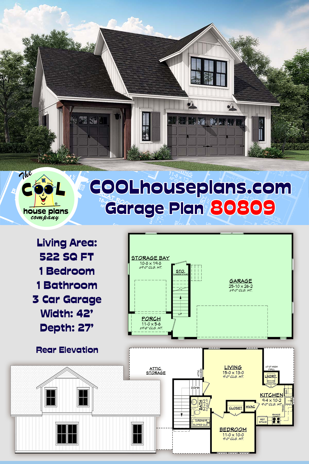 Country, Craftsman, Farmhouse 3 Car Garage Apartment Plan 80809 with 1 Beds, 1 Baths