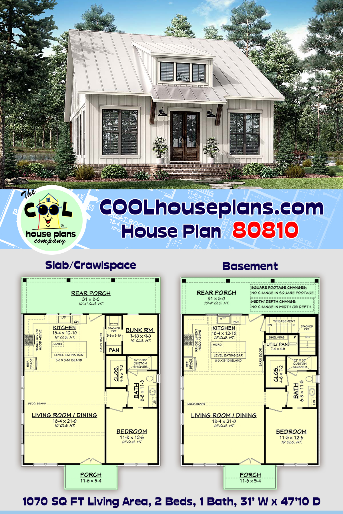 Acadian, Cottage, Farmhouse, French Country, Southern House Plan 80810 with 2 Beds, 1 Baths